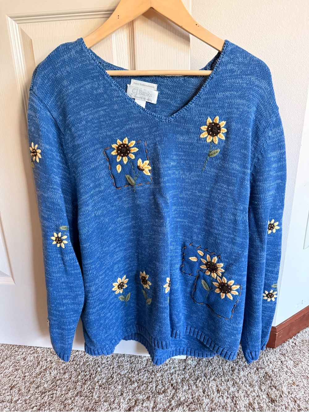 CJ Banks Blue V-Neck Sweater with Embroidered Sunflowers